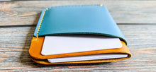 Load image into Gallery viewer, Turquoise Blue and Yellow 3 Pocket Italian Leather Slim Wallet