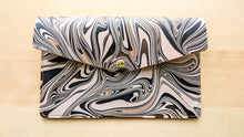 Load image into Gallery viewer, Black and White Hand Marbled Italian Leather Clutch