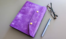 Load image into Gallery viewer, A purple italian leather with brass snaps and matching purple stitching. for an a5 size notebook