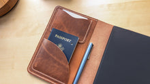 Load image into Gallery viewer, Handmade/ Hand Sewn American Harness Leather A5 Leather Notebook Cover