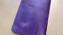 Load image into Gallery viewer, Handmade A5 Trifold Travel Notebook with inside pocket in Purple Italian Vegetable Tanned Leather.