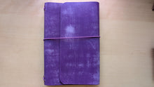 Load image into Gallery viewer, Handmade A5 Trifold Travel Notebook with inside pocket in Purple Italian Vegetable Tanned Leather.