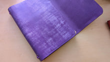 Load image into Gallery viewer, Handmade A5 Trifold Travel Notebook with inside pocket in Purple Italian Vegetable Tanned Leather.