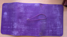 Load image into Gallery viewer, Handmade A5 Trifold Travel Notebook with inside pocket in Purple Italian Vegetable Tanned Leather.