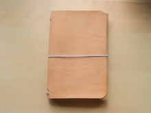 Load image into Gallery viewer, Handmade A5 Trifold Travel Notebook in Natural Badalassi Carlo Pueblo Italian Vegetable Tanned Leather.