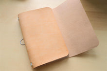 Load image into Gallery viewer, Handmade A5 Trifold Travel Notebook in Natural Badalassi Carlo Pueblo Italian Vegetable Tanned Leather.