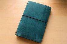 Load image into Gallery viewer, Handmade A5 Trifold Travel Notebook in Ortensia Blue Badalassi Carlo Pueblo Italian Vegetable Tanned Leather.