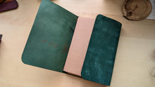 Load image into Gallery viewer, Handmade Emerald Green Leather A5 Trifold Travel Journal and Pen/Pencil Case Gift Set