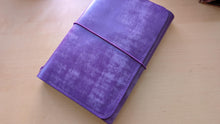 Load image into Gallery viewer, Handmade A5 Trifold Travel Notebook with inside pocket in Purple Italian Vegetable Tanned Leather.