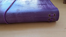 Load image into Gallery viewer, Handmade A5 Trifold Travel Notebook with inside pocket in Purple Italian Vegetable Tanned Leather.