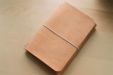 Load image into Gallery viewer, Handmade A5 Trifold Travel Notebook in Natural Badalassi Carlo Pueblo Italian Vegetable Tanned Leather.