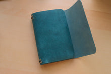 Load image into Gallery viewer, Handmade A5 Trifold Travel Notebook in Ortensia Blue Badalassi Carlo Pueblo Italian Vegetable Tanned Leather.