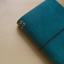 Load image into Gallery viewer, Handmade A5 Trifold Travel Notebook in Ortensia Blue Badalassi Carlo Pueblo Italian Vegetable Tanned Leather.