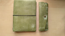 Load image into Gallery viewer, Handmade Pistachio Leather A5 Travel Journal and Pen/Pencil Case Gift Set