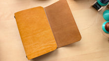 Load image into Gallery viewer, Handmade A5 Trifold Travel Notebook in Golden Yellow Badalassi Carlo Pueblo Italian Vegetable Tanned Leather.