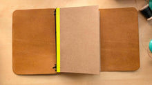 Load image into Gallery viewer, Handmade A5 Trifold Travel Notebook in Golden Yellow Badalassi Carlo Pueblo Italian Vegetable Tanned Leather.