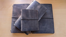 Load image into Gallery viewer, Handmade Vintage Gray Leather Travel Notebooks: A5 Trifold/Bifold, Travelers/Midori and Passport Size