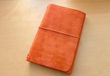 Load image into Gallery viewer, Handmade A5 Leather Trifold Travel Notebook in Mandarin Orange Italian leather