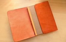 Load image into Gallery viewer, Handmade A5 Leather Trifold Travel Notebook in Mandarin Orange Italian leather