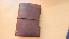 Load image into Gallery viewer, Dark Brown Horween Cypress Midori/Traveler's size and Passport size Leather travel notebook