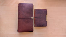 Load image into Gallery viewer, Dark Brown Horween Cypress Midori/Traveler's size and Passport size Leather travel notebook