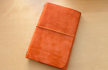 Load image into Gallery viewer, Handmade A5 Leather Trifold Travel Notebook in Mandarin Orange Italian leather