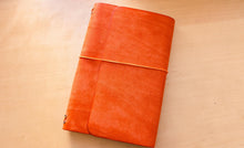 Load image into Gallery viewer, Handmade A5 Leather Trifold Travel Notebook in Mandarin Orange Italian leather