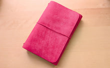 Load image into Gallery viewer, Handmade Leather Trifold A5, A6, and Bifold Passport Travel Notebooks in Bright Fuschia Italian Leather