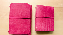 Load image into Gallery viewer, Handmade Leather Trifold A5, A6, and Bifold Passport Travel Notebooks in Bright Fuschia Italian Leather