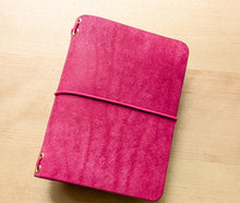 Load image into Gallery viewer, Handmade Leather Trifold A5, A6, and Bifold Passport Travel Notebooks in Bright Fuschia Italian Leather
