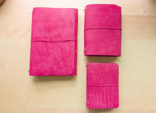 Load image into Gallery viewer, Handmade Leather Trifold A5, A6, and Bifold Passport Travel Notebooks in Bright Fuschia Italian Leather