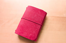 Load image into Gallery viewer, Handmade Leather Trifold A5, A6, and Bifold Passport Travel Notebooks in Bright Fuschia Italian Leather