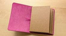 Load image into Gallery viewer, Handmade Leather Trifold A5, A6, and Bifold Passport Travel Notebooks in Bright Fuschia Italian Leather