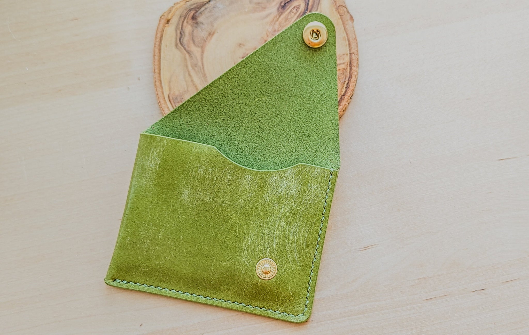 Pistachio Green Italian Leather Asymmetrical Minimalist Snap