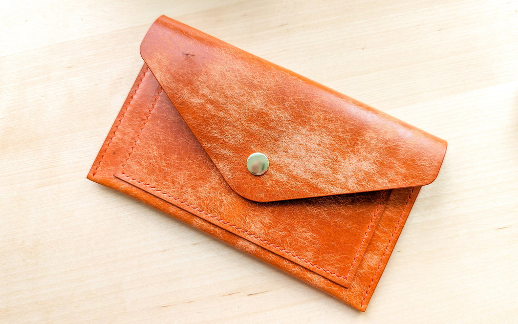 Orange Hand Sewn Italian Leather Envelope Cash/Card Wallet