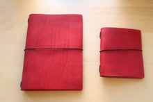Load image into Gallery viewer, Your choice of style Handmade Tri/Bifold Travel Notebooks in Italian Red Badalassi Carlo Vegetable Tanned Leather.
