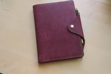 Handmade burgundy A5 Italian leather notebook cover with special edition matching Hobonichi Notebook