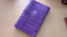 Load image into Gallery viewer, Handmade A5 Trifold Travel Notebook with inside pocket in Purple Italian Vegetable Tanned Leather.
