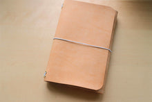 Load image into Gallery viewer, Handmade A5 Trifold Travel Notebook in Natural Badalassi Carlo Pueblo Italian Vegetable Tanned Leather.
