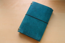 Load image into Gallery viewer, Handmade A5 Trifold Travel Notebook in Ortensia Blue Badalassi Carlo Pueblo Italian Vegetable Tanned Leather.
