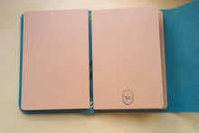 Load image into Gallery viewer, Handmade A5 Trifold Travel Notebook in Ortensia Blue Badalassi Carlo Pueblo Italian Vegetable Tanned Leather.
