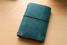 Load image into Gallery viewer, Handmade A5 Trifold Travel Notebook in Ortensia Blue Badalassi Carlo Pueblo Italian Vegetable Tanned Leather.
