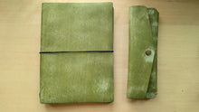 Load image into Gallery viewer, Handmade Pistachio Leather A5 Travel Journal and Pen/Pencil Case Gift Set
