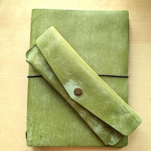 Load image into Gallery viewer, Handmade Pistachio Leather A5 Travel Journal and Pen/Pencil Case Gift Set
