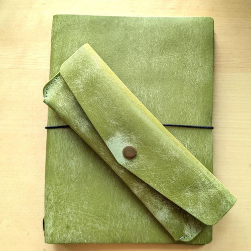 Handmade Pistachio Leather A5 Travel Journal and Pen/Pencil Case Gift Set