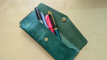 Load image into Gallery viewer, Handmade Emerald Green Leather A5 Trifold Travel Journal and Pen/Pencil Case Gift Set
