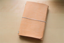 Load image into Gallery viewer, Handmade A5 Trifold Travel Notebook in Natural Badalassi Carlo Pueblo Italian Vegetable Tanned Leather.
