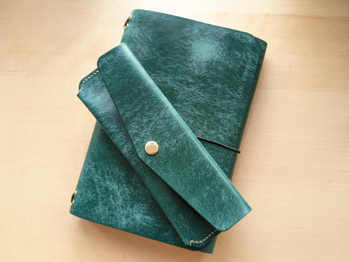 Handmade Emerald Green Leather A5 Trifold Travel Journal and Pen/Pencil Case Gift Set