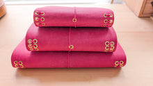 Load image into Gallery viewer, Handmade Leather Trifold A5, A6, and Bifold Passport Travel Notebooks in Bright Fuschia Italian Leather
