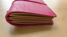 Load image into Gallery viewer, Handmade Leather Trifold A5, A6, and Bifold Passport Travel Notebooks in Bright Fuschia Italian Leather
